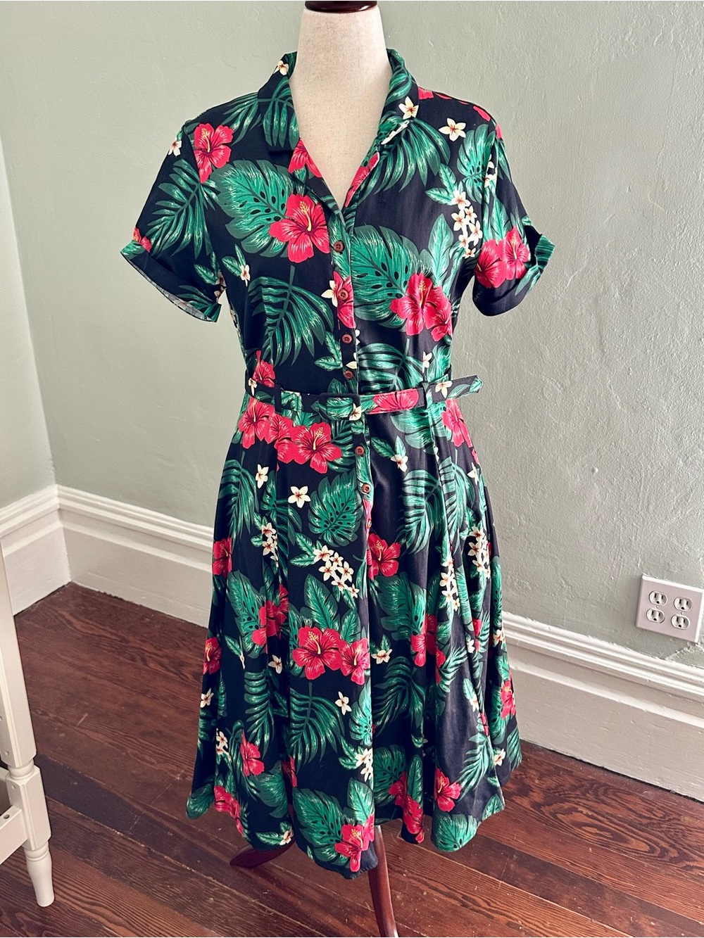 Collectif Black Tropical Floral Shirt Dress with Green & Pink Print